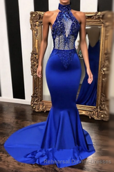 High neck halter beaded royal blue satin . Sleeveless. Illusion beading bodice. Mermaid long with sweep train Semi Formal Prom Dresses
